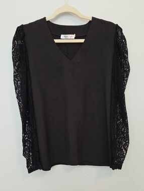 Black V-Neck Top with Lace Long Sleeves